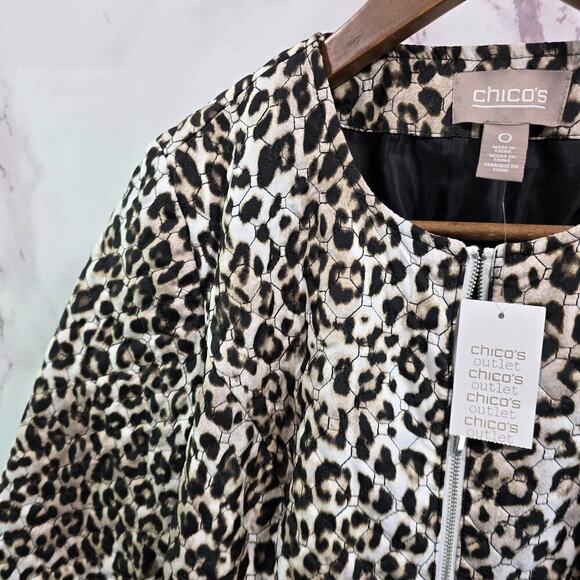Chicos Jacket Womens Small 0 Brown Leopard Zip Quilted Bomber Puffer Cheetah - Picture 2 of 13